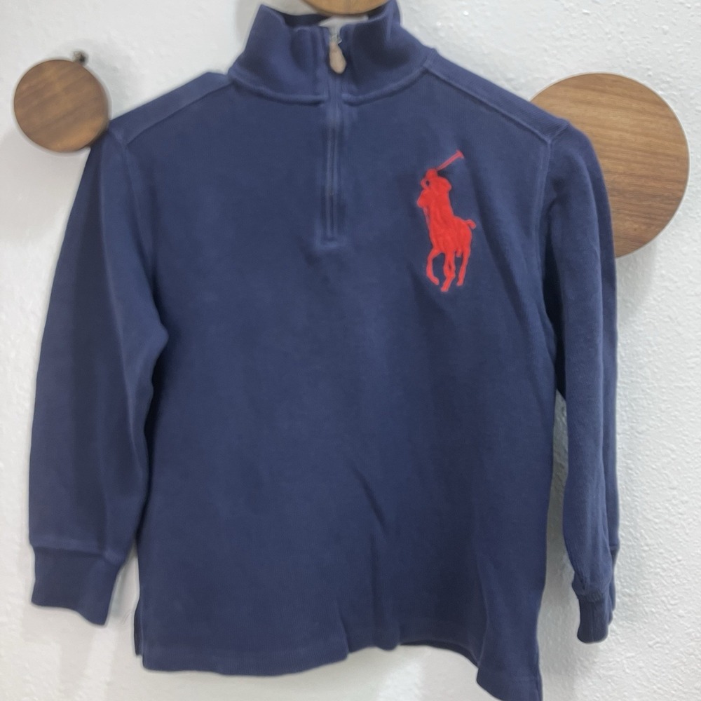 Y2K Polo Ralph Lauren Youth Quarter Zip Shirt Boys 8 Navy 100% Cotton Big Pony